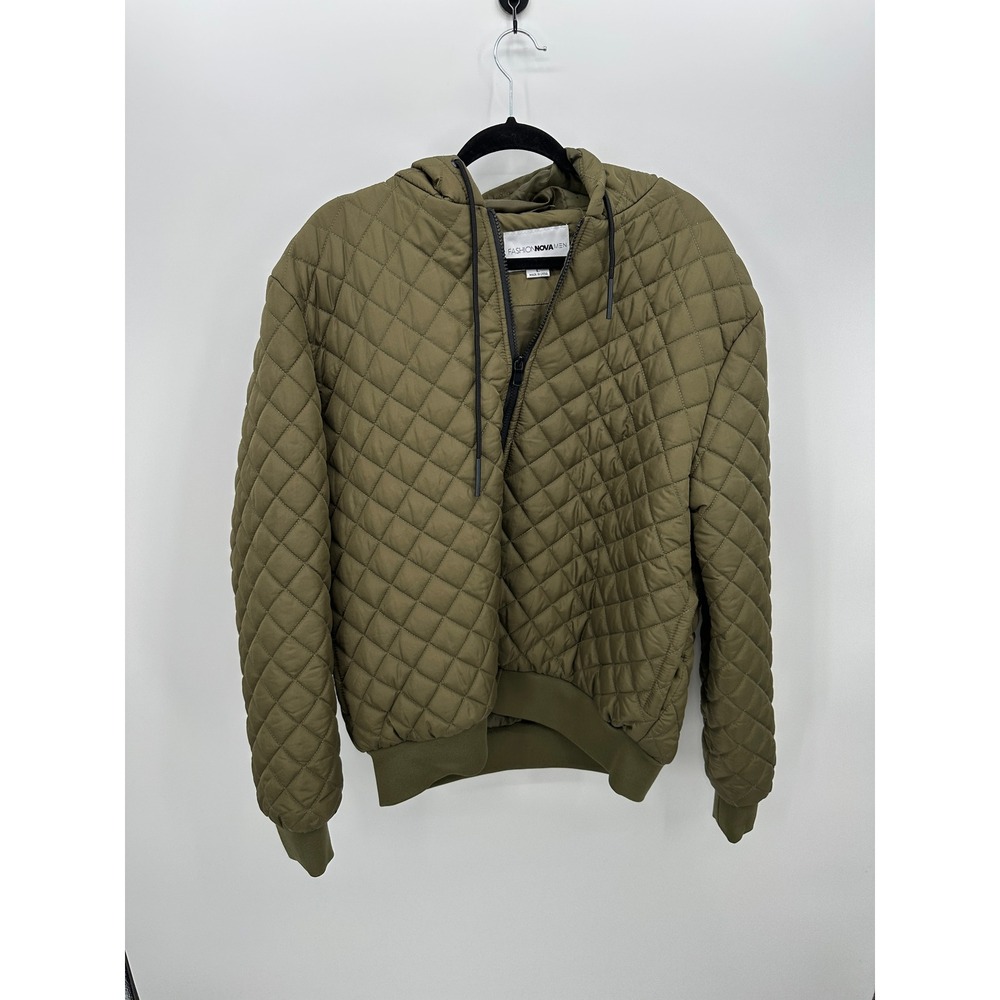 Fashion Nova Men Olive Green Quilted Hooded Bomber Jacket HD19-J1198 Large L